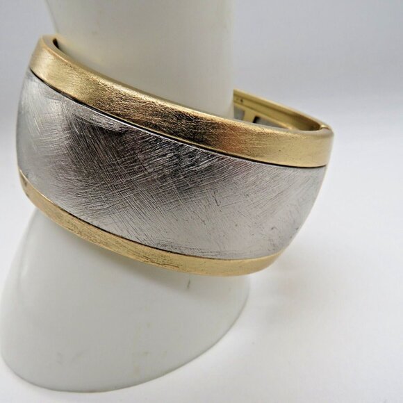 Vintage Bracelet Brushed Silver Gold Tone Hinged Cuff Clamper Bracelet - Picture 2 of 11